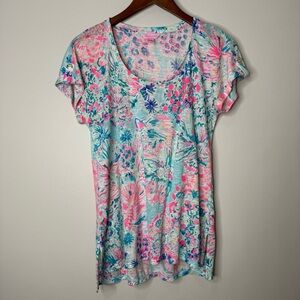 Lilly Pulitzer Inara 100% Linen Short Sleeve‎ Top Floral Leaves Serene Blue Sz S